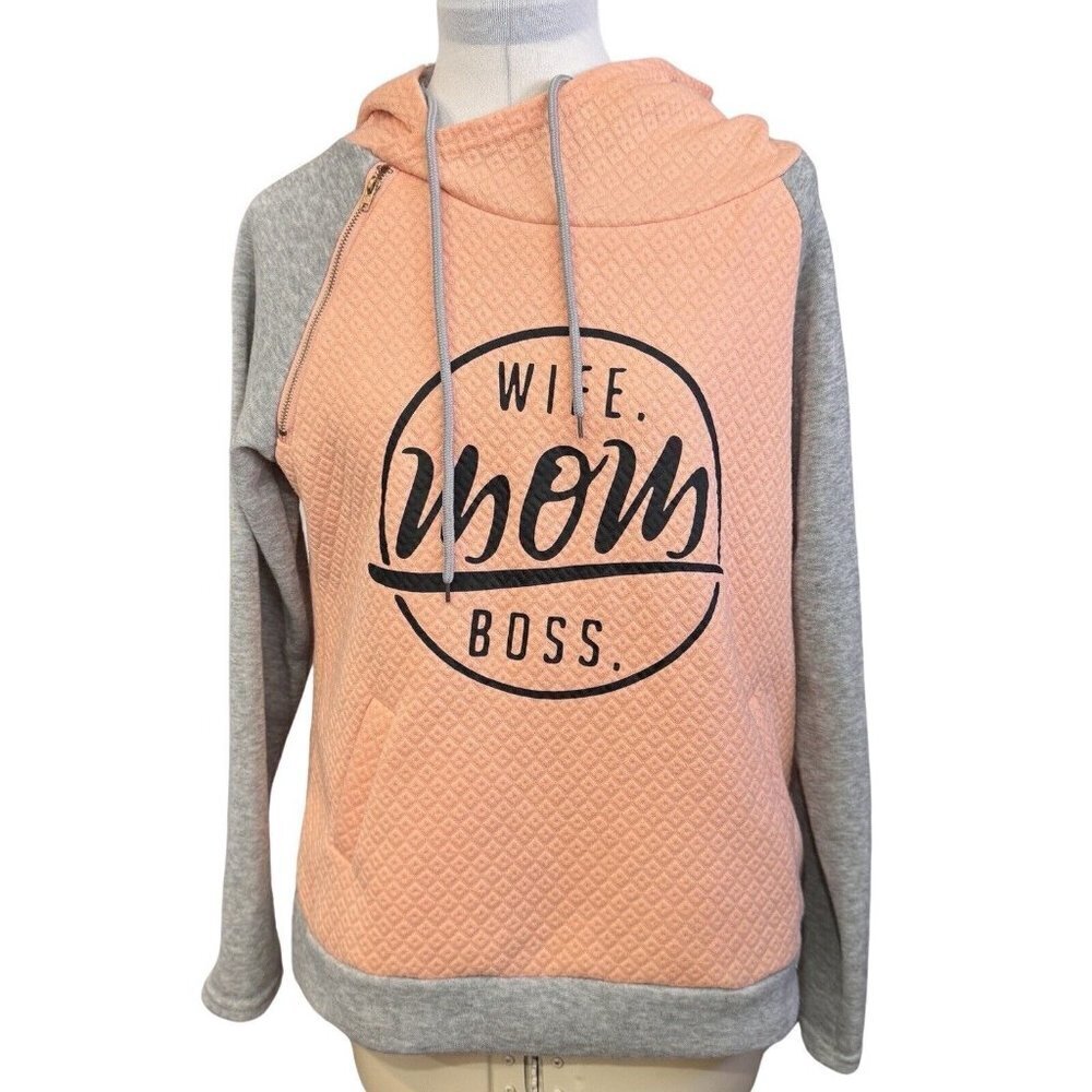 Women's Graphic Pullover Sweatshirt Hoodie Medium Peach Gray Textured MOM‎ BOSS